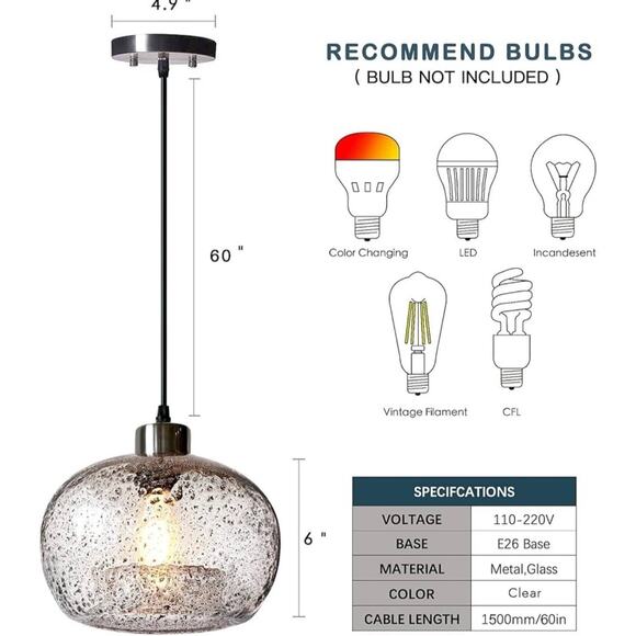 Hand Blown Hanging Light Pendant Dimpled Glass Brushed Nickel Finish Casamotion - Picture 16 of 16